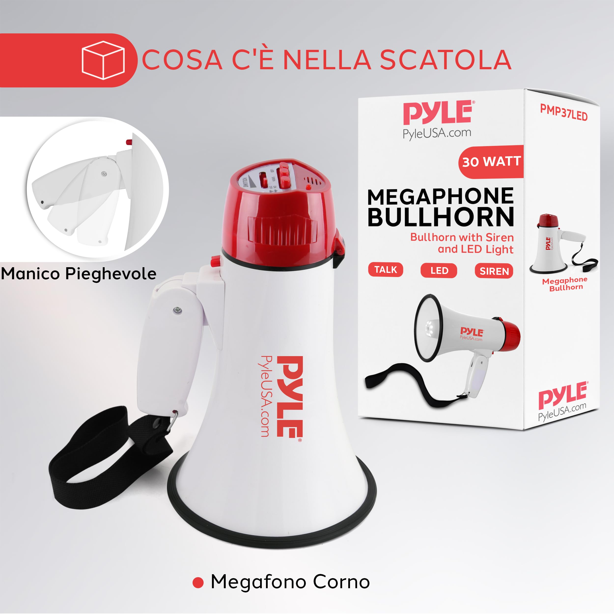 Pyle Megafono Portatile 30 Watt con Sirena e Luci LED, Controllo Volume Regolabile per Calcio, Basket, Baseball, Cheerleading, Allenamenti e Sicurezza