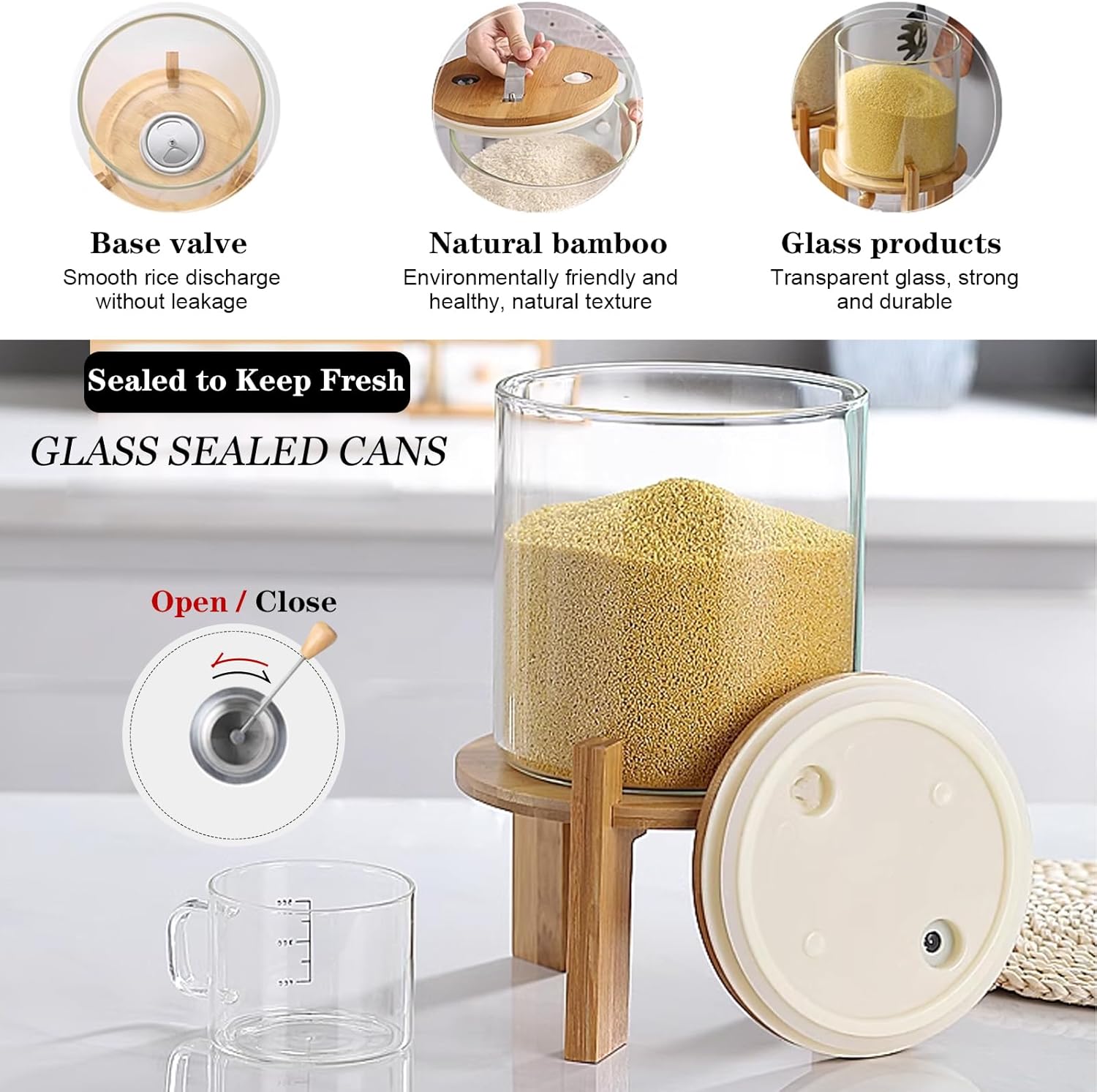 Rice Storage Container, Glass Rice Dispenser with Wood Stand for Kitchen Organization, Cereal Container with Measuring Cup, Ideal for Pantry Storage and Organization, Optional Capacity