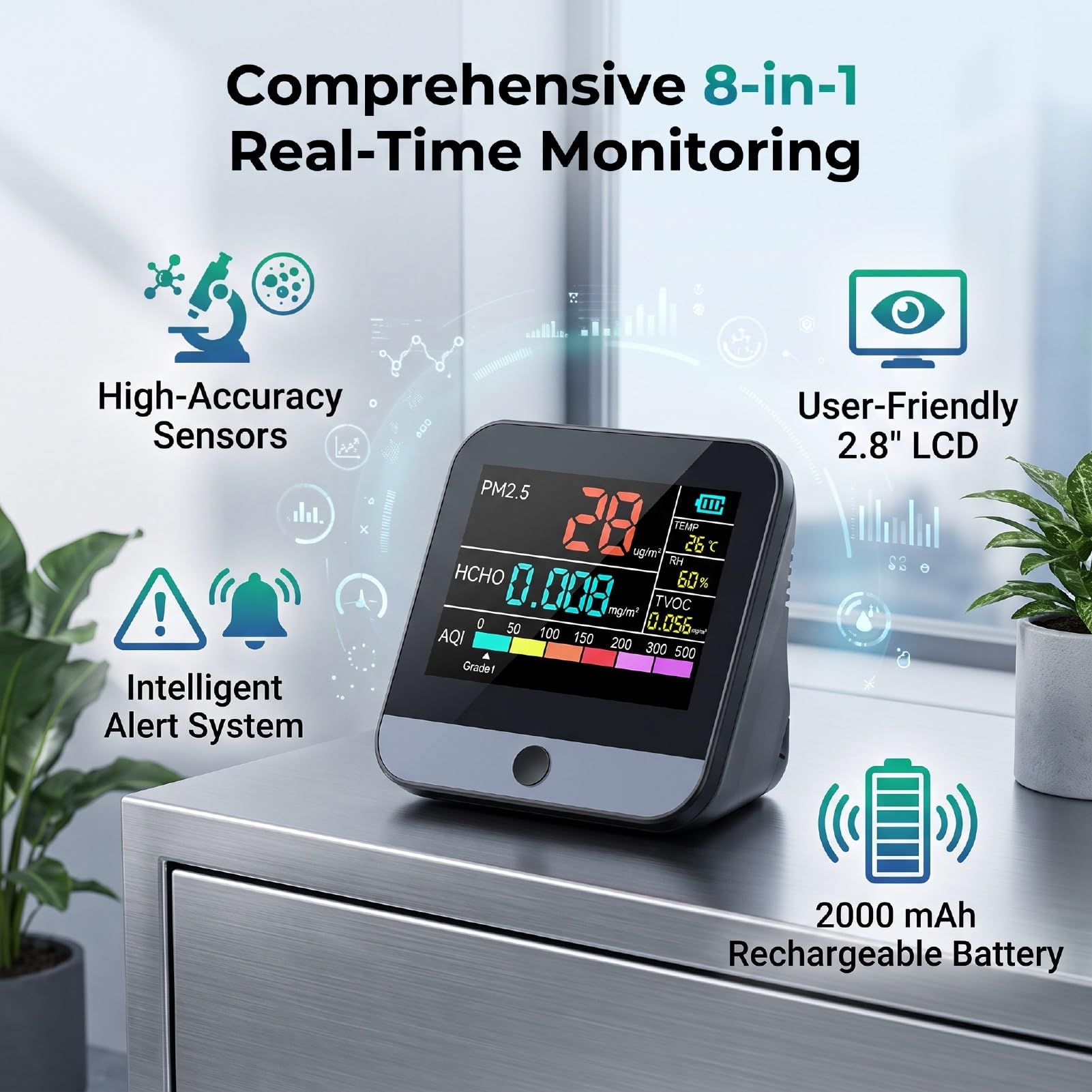 Walfront Monitor de Calidad del Aire 8 en 1, Probador de PM2.5 PM10 TVOC