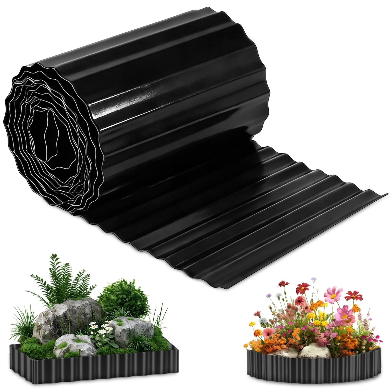 sturiz Metal Lawn Edging 6 Inch X 26 FT/8M Corrugated Metal Brick Garden Edging Border Garden Trim Flexible Long Strips DIY Landscape for Vegetables Raised Bed Flower Tree Surrounds Pathway (Black)