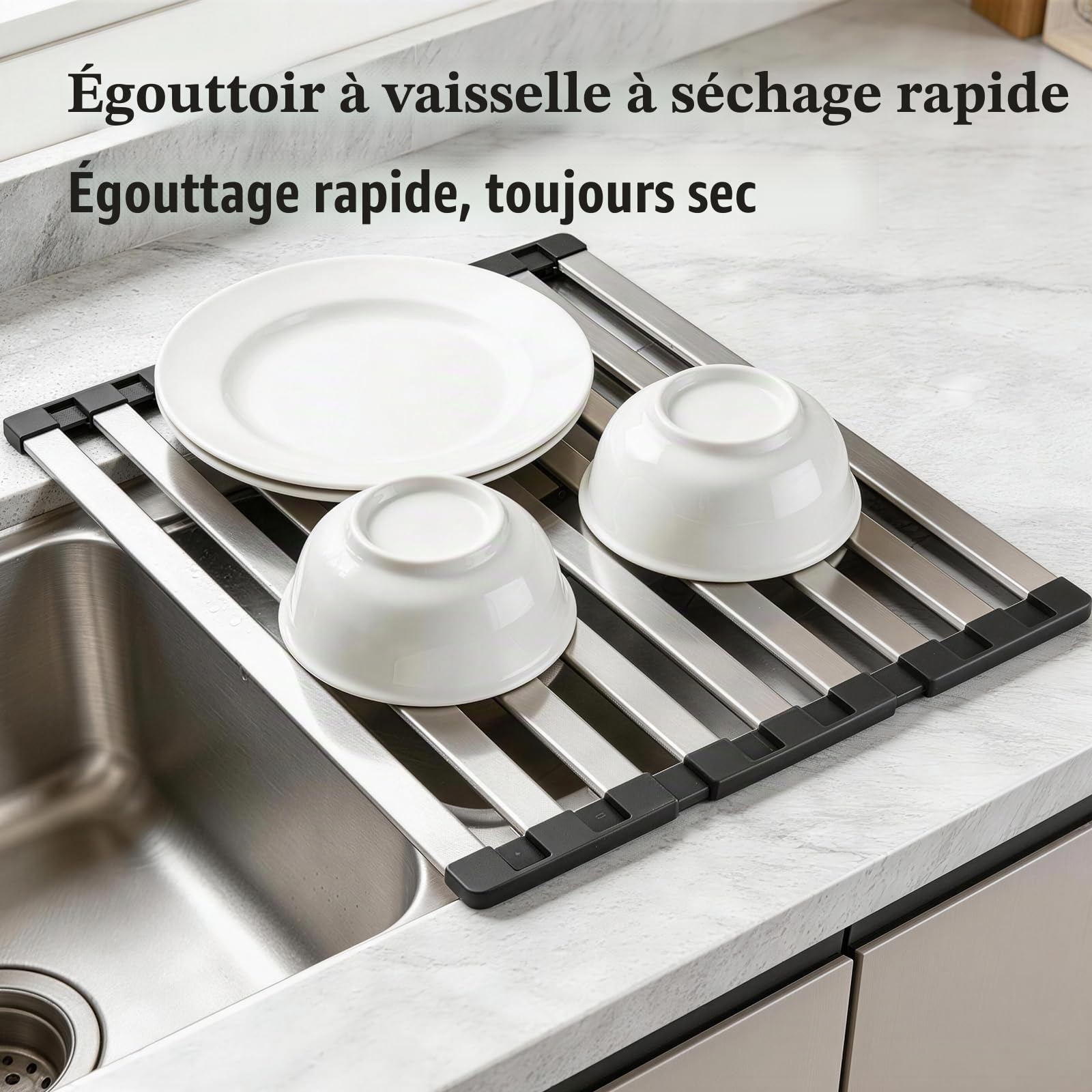 Égouttoir Vaisselle Pliable Acier Alimentaire 42x32,5cm | Avec Pieds Antidérapants en Silicone. Organisateur Pratique pour Évier et Plan de Travail, Facile à Plier et Ranger