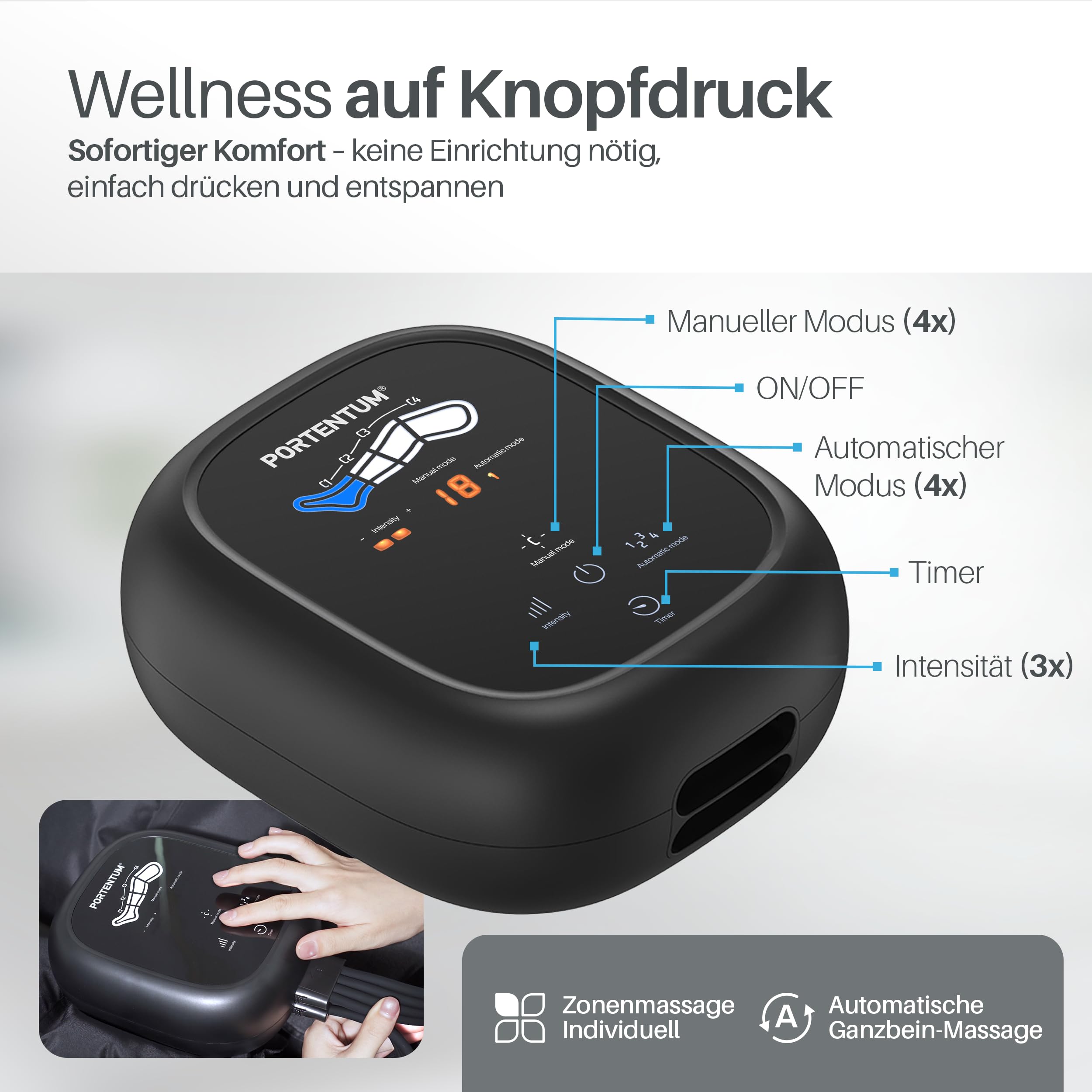 PORTENTUM Lymphdrainage gerät mit Akku – Bein Massagegerät mit 8 Modi und 3 Intensitäten – Fernbedienung mit LCD-Display – USB-C – Lindert müde Beine und fördert die Durchblutung – Tragetasche