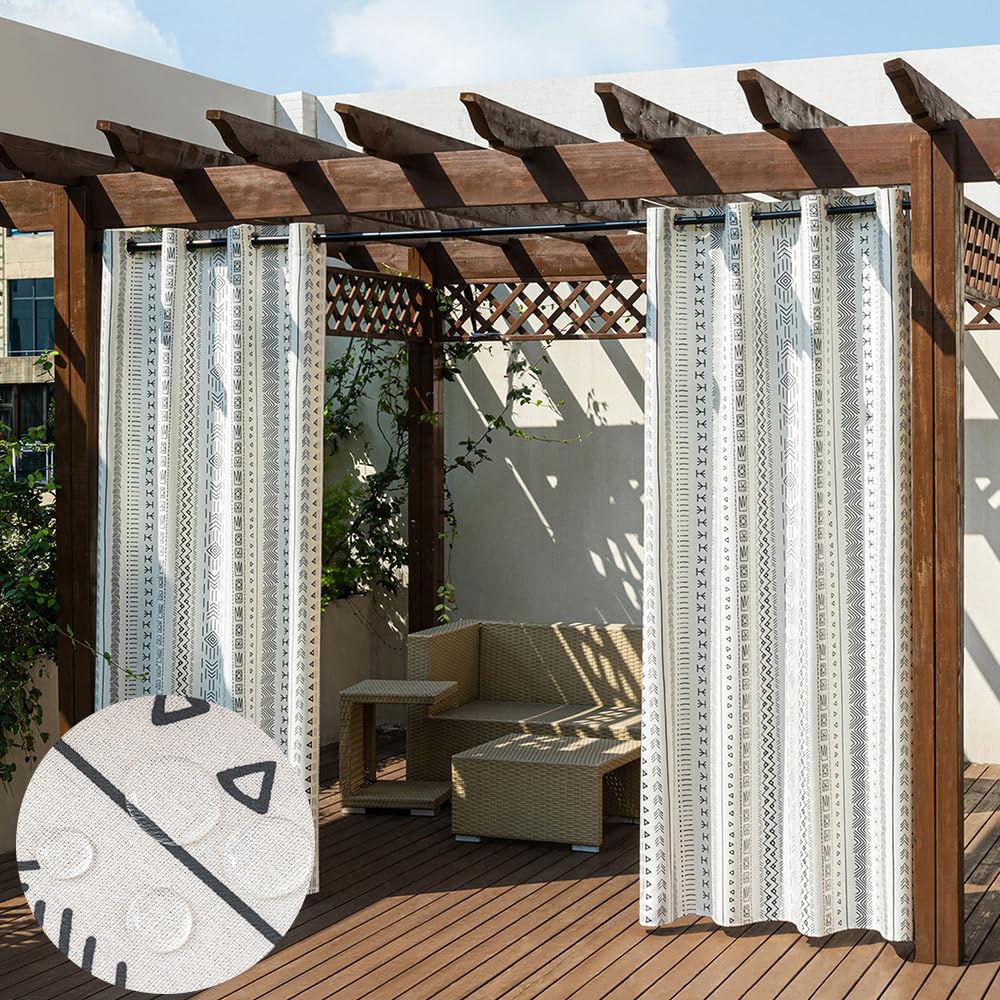 Hiseng Outdoor Vorhang Wetterfest Leinenoptik Bohemian-Stil Outdoorvorhänge mit Ösen Blickdicht Gardinen Sichtschutz für Balkon Pavillon Garten Terrasse Pergola (132x213cm/2 Stück,Geometrie)
