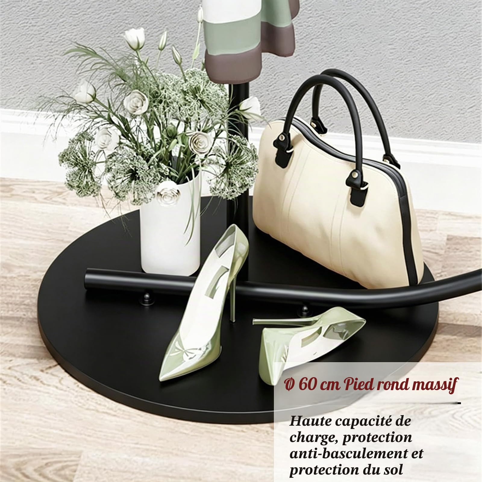 Porte-manteau en forme de C – Porte-vêtements commercial avec 26 anneaux – Gain de place, solide, charge 60 kg – Pour chambre, couloir, boutique (noir, 160x150cm)