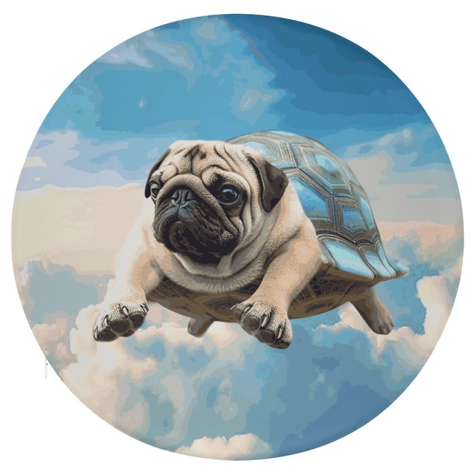 JTREHY Funny Turtle Pug Dog in The Sky Cushion Soft Breathable Round Cushions Multi-Functional with Zipper Floor Pillows Cushion for Various Indoor Occasions Chair Pad