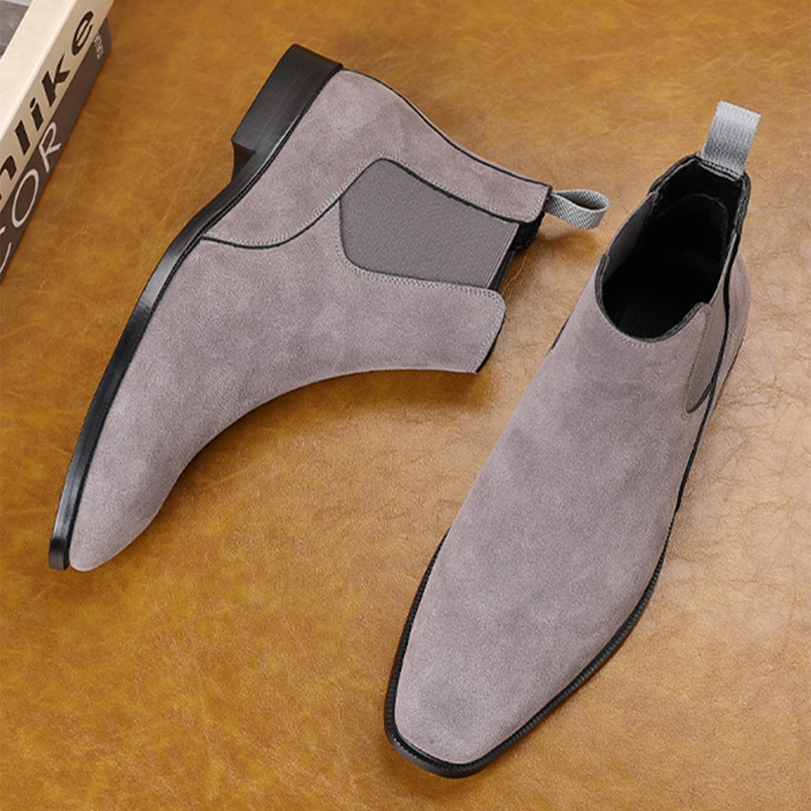 ANUFER Hombres Vacuno Cuero de Ante Botas Chelsea Punta Cuadrado Slip On Vestido Botines de Tobillo