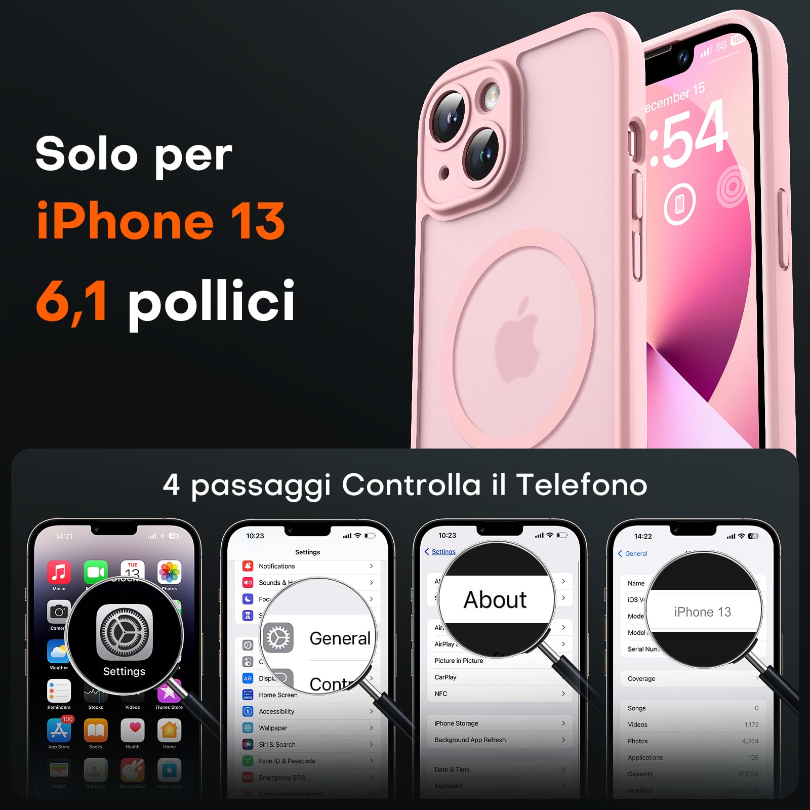 TOCOL Cover Magnetica per iPhone 13 6,1 Pollic, Compatibile con MagSafe, Protezione Fotocamera Integrata, Custodia Antiurto Traslucida Opaca, Rosa Chiaro