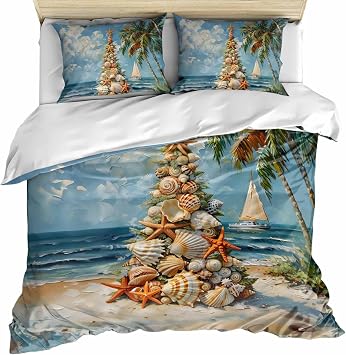 DecorLovee Coastal Christmas Tree Duvet Cover Set 3 قطع مع إغلاق بسحاب، الشاطئ البحري على شاطئ البحر مجموعات الفراش لعيد الميلاد 1 غطاء لحاف و 2 حافظات وسادة، مجموعة غطاء المعزي غطاء لحاف الملكة