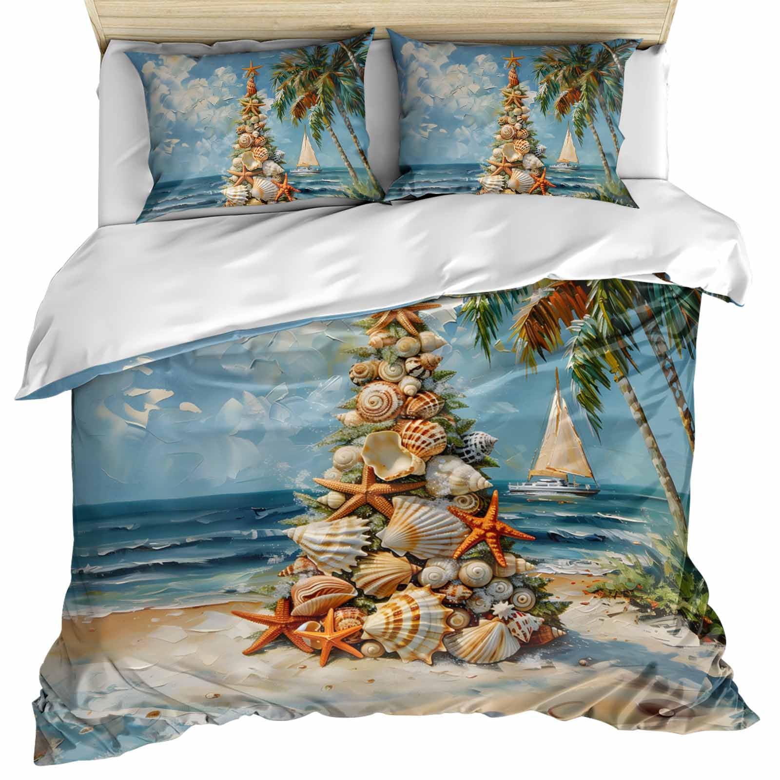 DecorLovee Coastal Christmas Tree Duvet Cover Set 3 Pieces with Zipper Closure, Nautical Beach Seaside Xmas Bedding Sets 1 Duvet Cover & 2 Pillow