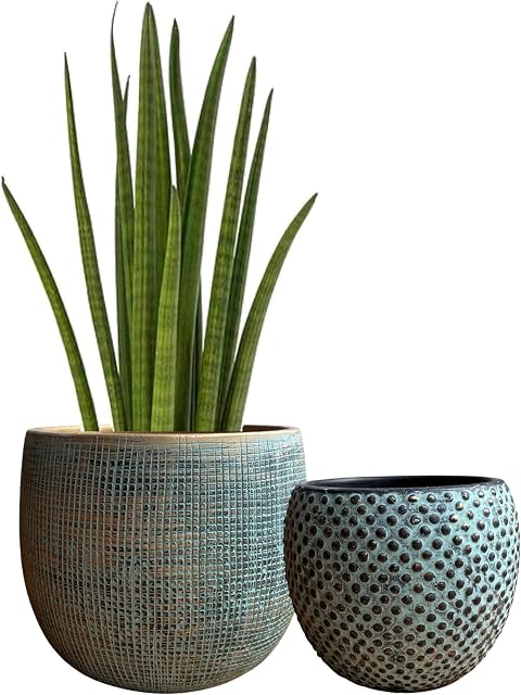 Ceramic Green Gold Plant Pot Set 2-17 and 14cm Teal Gold Indoor Planters Cement Outdoor Flower Pots