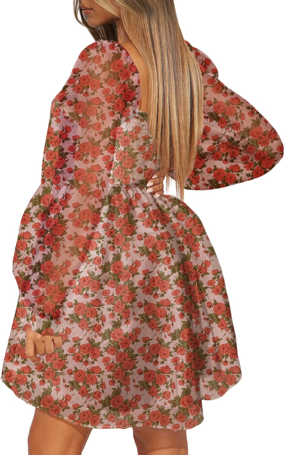 Aisbei Women's Square Neck Puff Sleeve Babydoll Dress Backless Casual A-Line Short Mini Dresses - Image 3