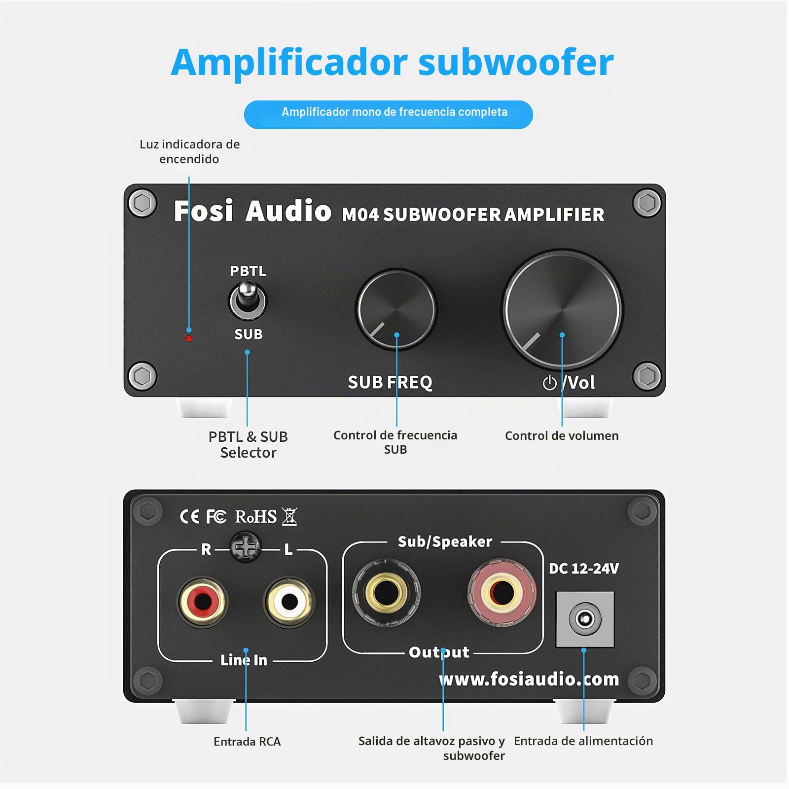 Fosi Audio M04 Amplificador de subwoofer para cine en casa Monocanal Digital Clase D Amplificador de potencia integrado para altavoces pasivos Subwoofer clasificado 100W MAX