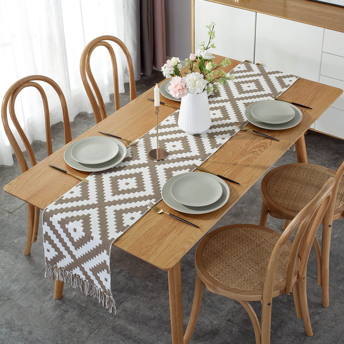 Boho-Tischläufer Mit Quasten – Gewebt Aus Baumwolle/Leinen, 33 X 183 Cm, Schwarz Gestreift, Für Esstisch, Hochzeit & Farmhouse-Deko