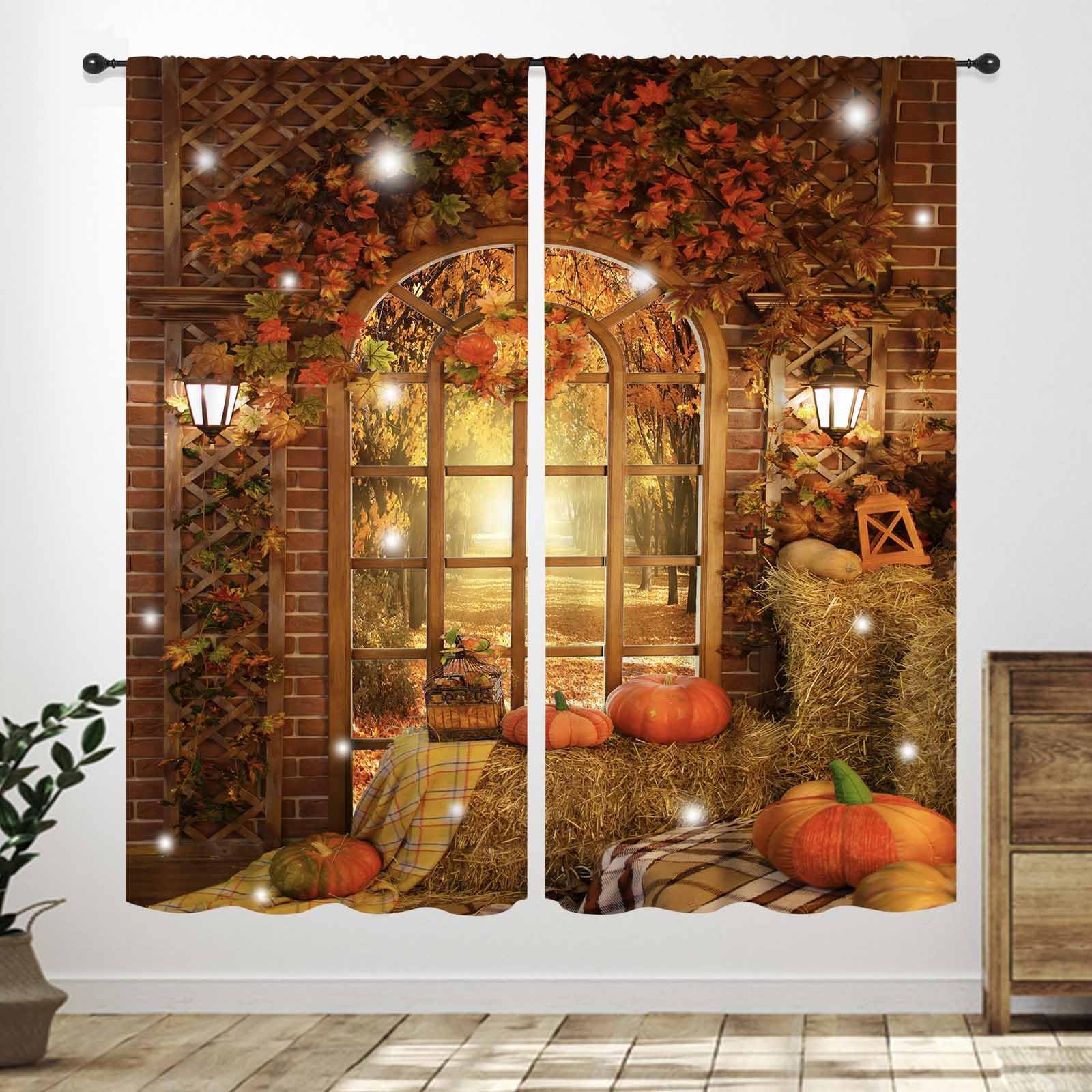 Lnepty Fall Curtain for Bedroom,Thanksgiving Harvest Farmhouse Maple Leaf Pumpkin Floral Autumn Wooden Rustic Window Drapes Treatments for Living Room