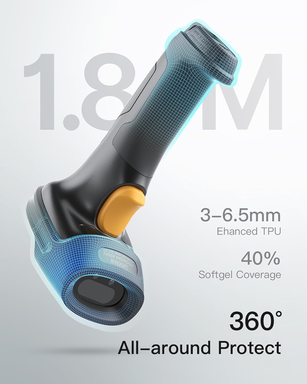 Inateck BCST-60 scanner showing 1.8M drop protection and 360-degree anti-shock design