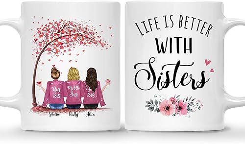 Gossby Taza personalizada para hermana, la vida es mejor con hermanas, taza de café de cerámica personalizada de 11 onzas, 15 onzas con avatares,