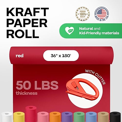 Vista 69 de Rollo de papel kraft marrón de 24 x 1800 pulgadas (150 pies) con cortador, papel de calidad fabricado en Estados Unidos, 50 libras de grosor