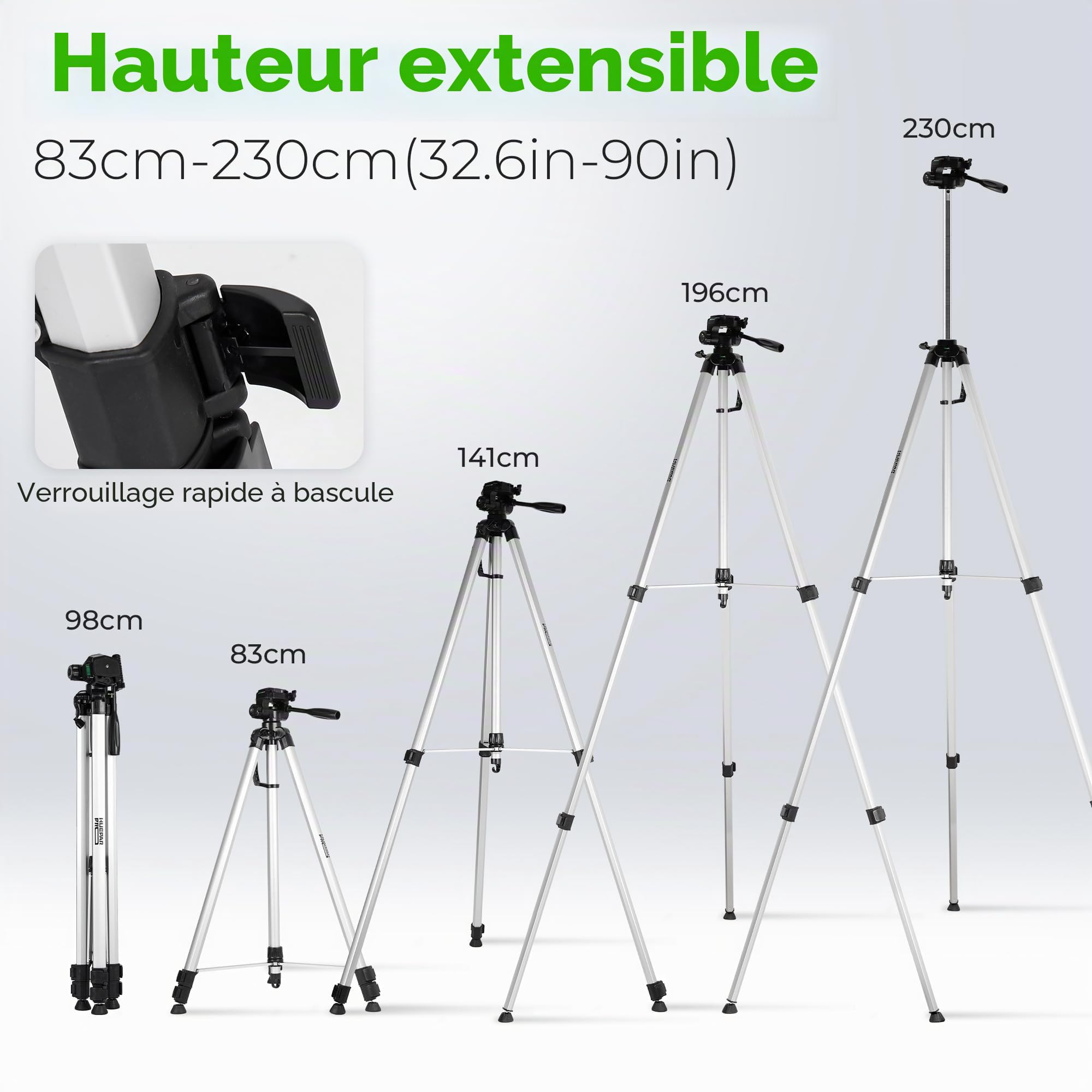 Huepar Pro Trépied de niveau laser (Hauteur: 83-230cm, Filetage: 1/4" et adaptateur écrou 5/8") avec tête pivotante à 3 voies, poignée portable, niveau à bulle, plaque de dégagement rapide-TP230