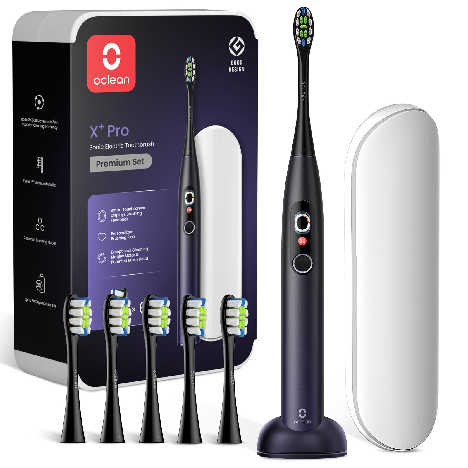 Oclean Elektrische Zahnbürste X Series Pro Gift Set, Schallzahnbürste mit Bildschirm, 3 Modi & 32 Intensitäten Sonic Electric Toothbrush mit Timer, 6 Stücke Bürstenköpfe mit Reiseetui, Dunkellila