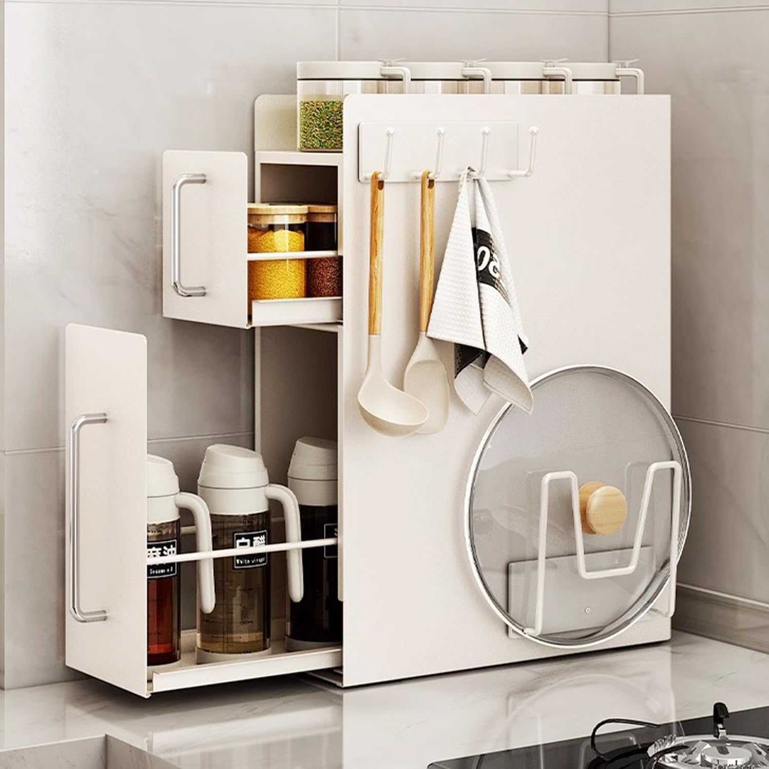 隠せる 引き出し式調味料ラック 50cm 3段 大容量 スパイス ボトル 大型白 隠せる 引き出し式調味料ラック 3段 50cm 大容量収納 タワーラック 白