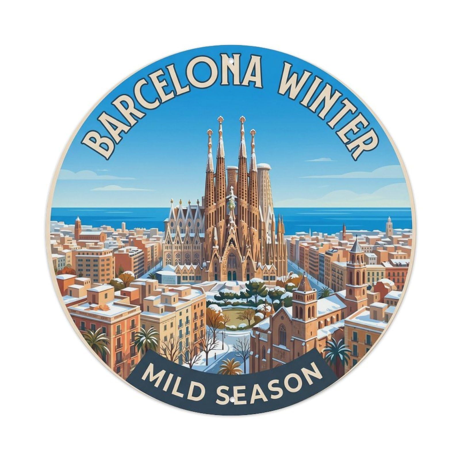 Vintage Travel Barcelona Winter Spanish Destination Metal Tin Sign Plaque
