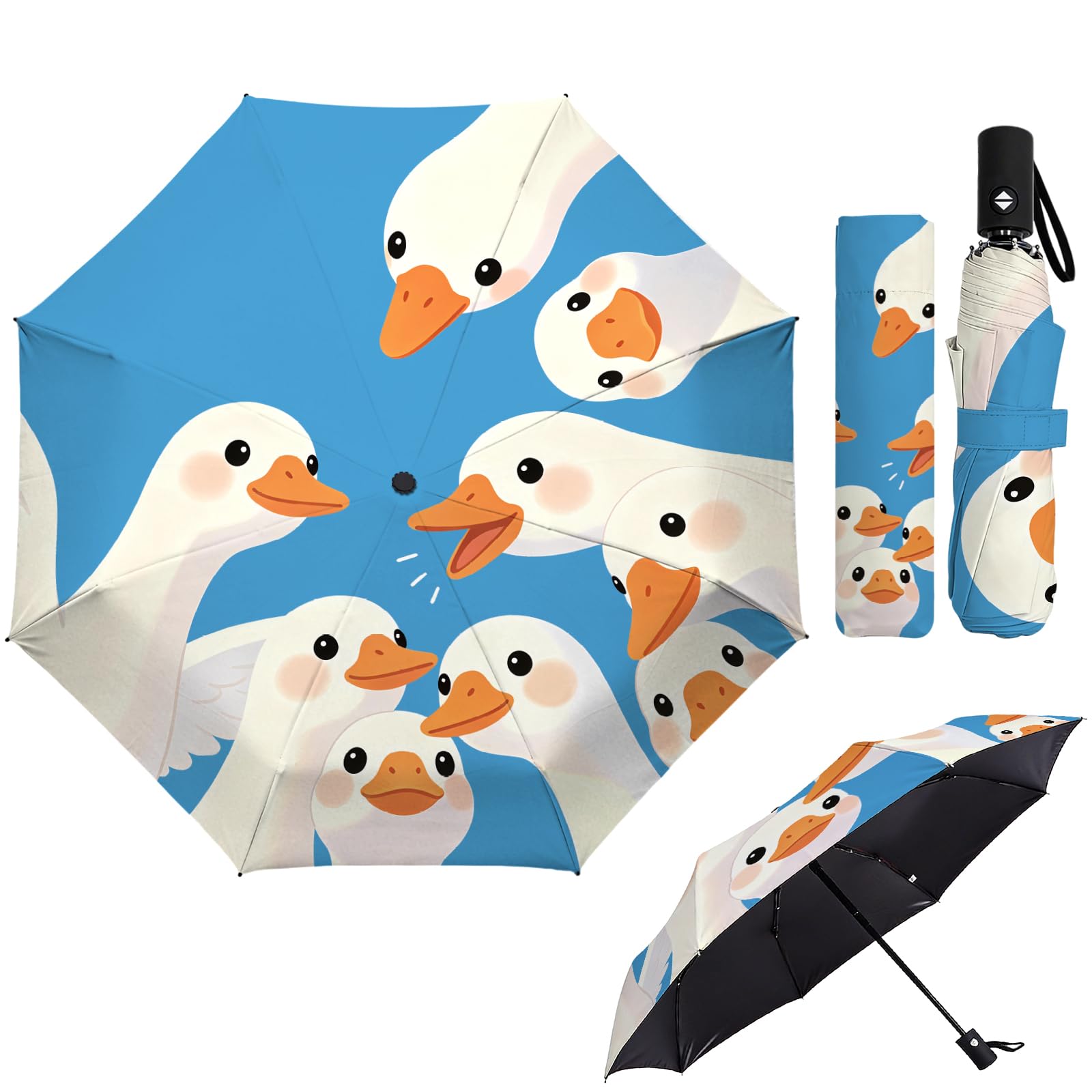 MAYJOYDIY Dulce Pato Automático Paraguas Plegable 107cm Dibujos Animados Pato Viaje Paraguas a Prueba de Viaje Azul Automático Abrir Cerrar Sombrillas Compactas para Mujeres Hombres Lluvia y