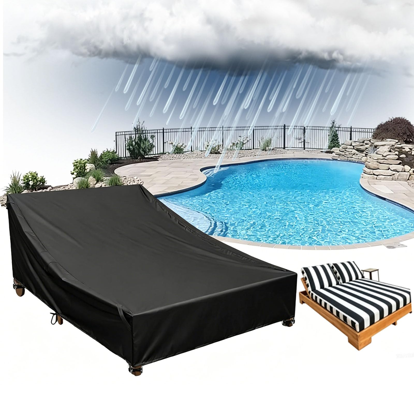 Waterproof Patio Rattan Two People Lounger Chair Cover,Outdoor Sun Lounger Covers Heavy Duty Outside Garden Two People Sunbed Cover Windproof Anti-UV with Adjustabl(Size:420D-209x145x28cm,Color:Black)