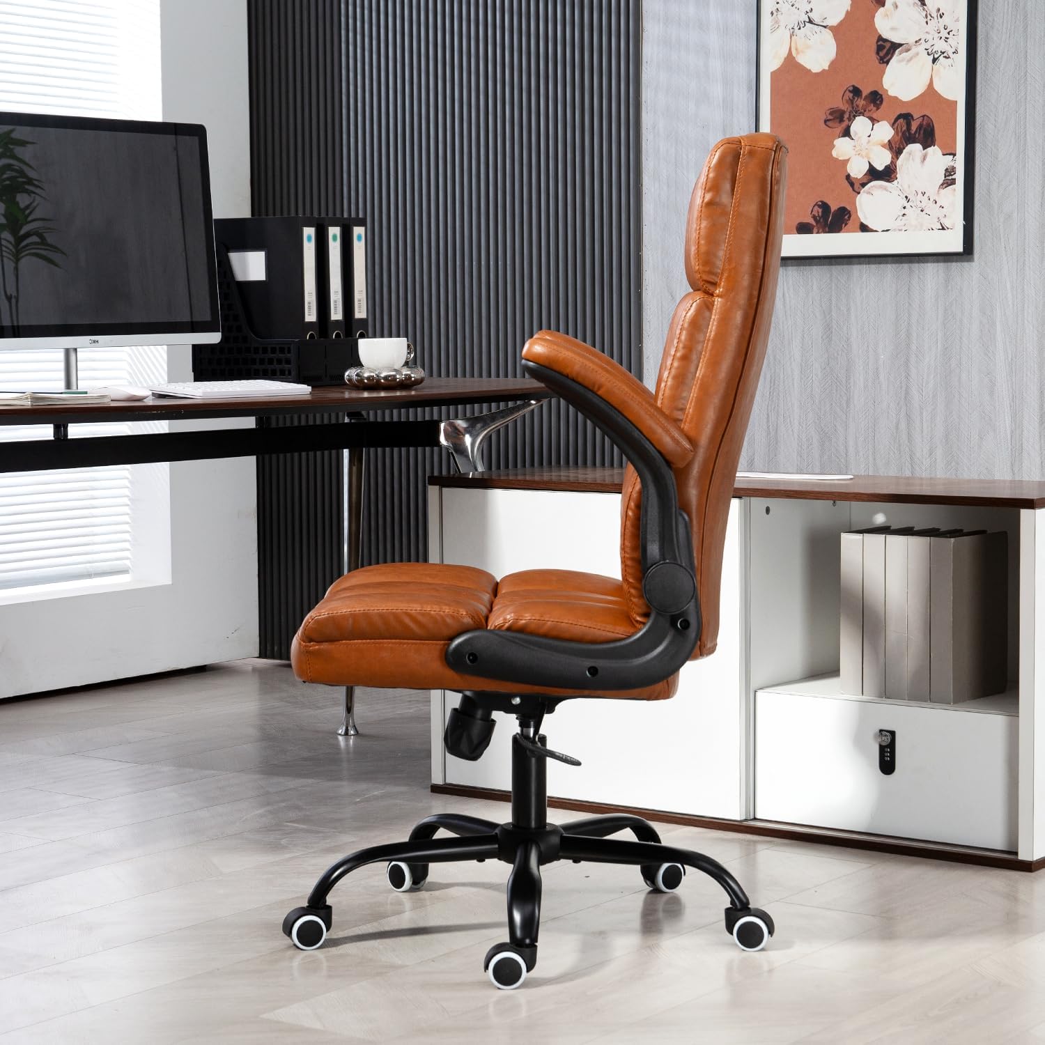 ECOTOUGE Executive Office Chair, PU Leather Ergonomic Comfy Desk Chair, High Back Computer Chair with Adjustable Tilt Angle and Flip-up Arms (Without Footrest Brown)