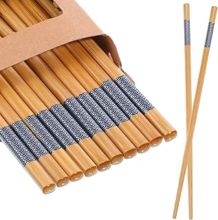 10Pairs Bamboo Chopsticks Reusable Classic Healthy Natural Wooden Chopsticks Dishwasher Safe Non Slip for Sushi, Takeout 9.45in