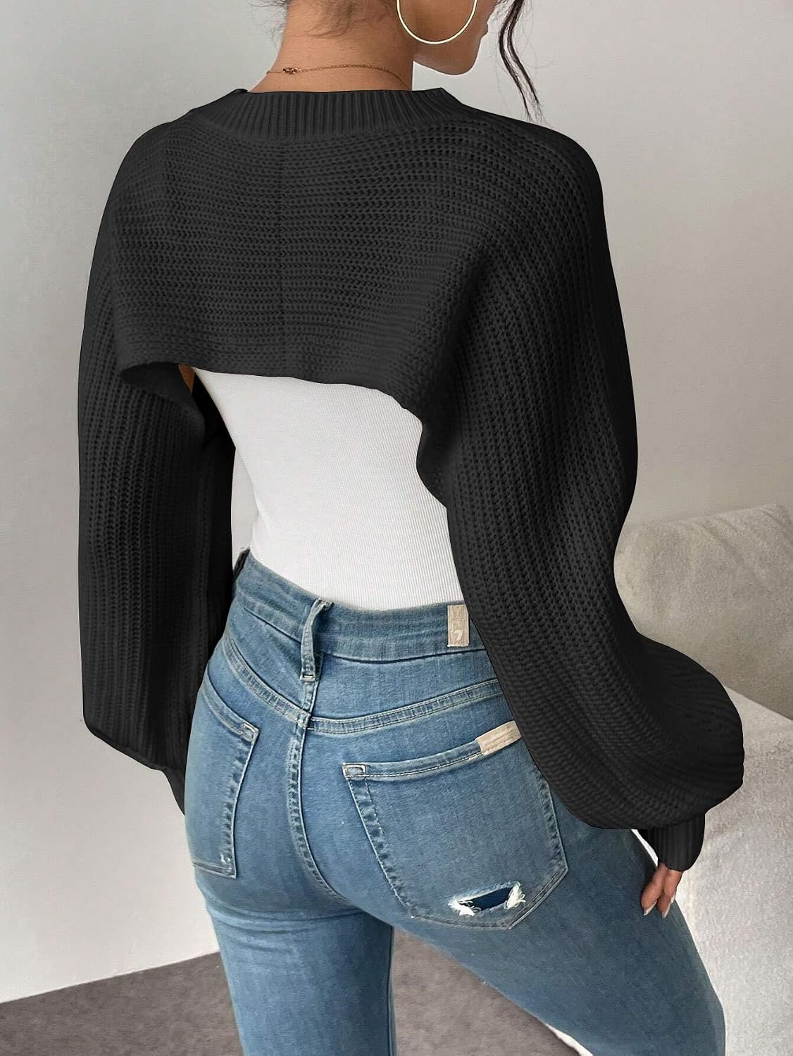 Womens Cutout Arm Warmer Cropped Sweaters Crew Neck Long Lantern Sleeve Ribbed Knit Bolero Shrugs