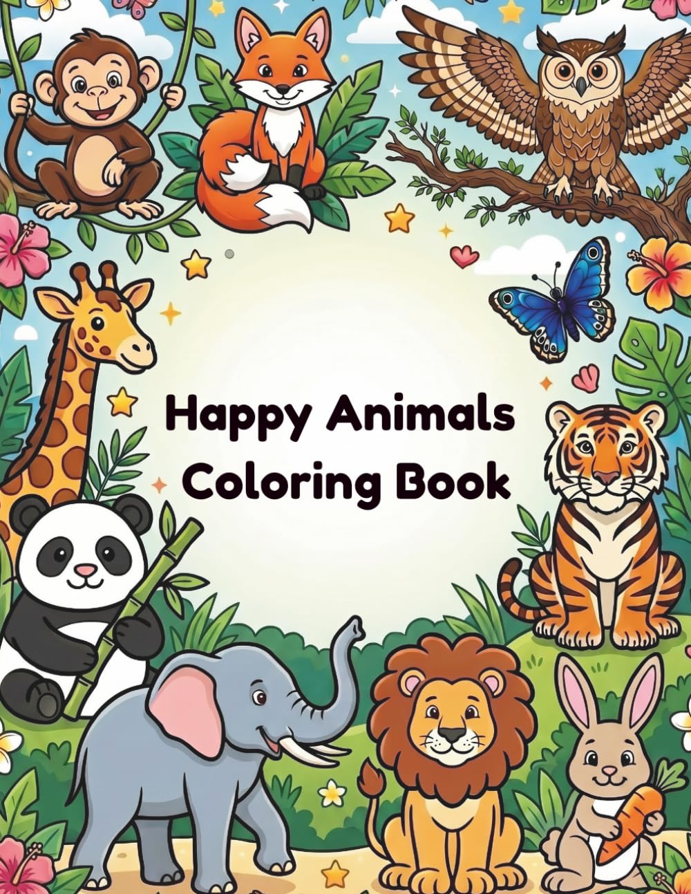 Happy Animals Coloring Book for Kids: 50 Big & Bold Pages of Cute Creatures for Toddlers and Children Ages 2–6
