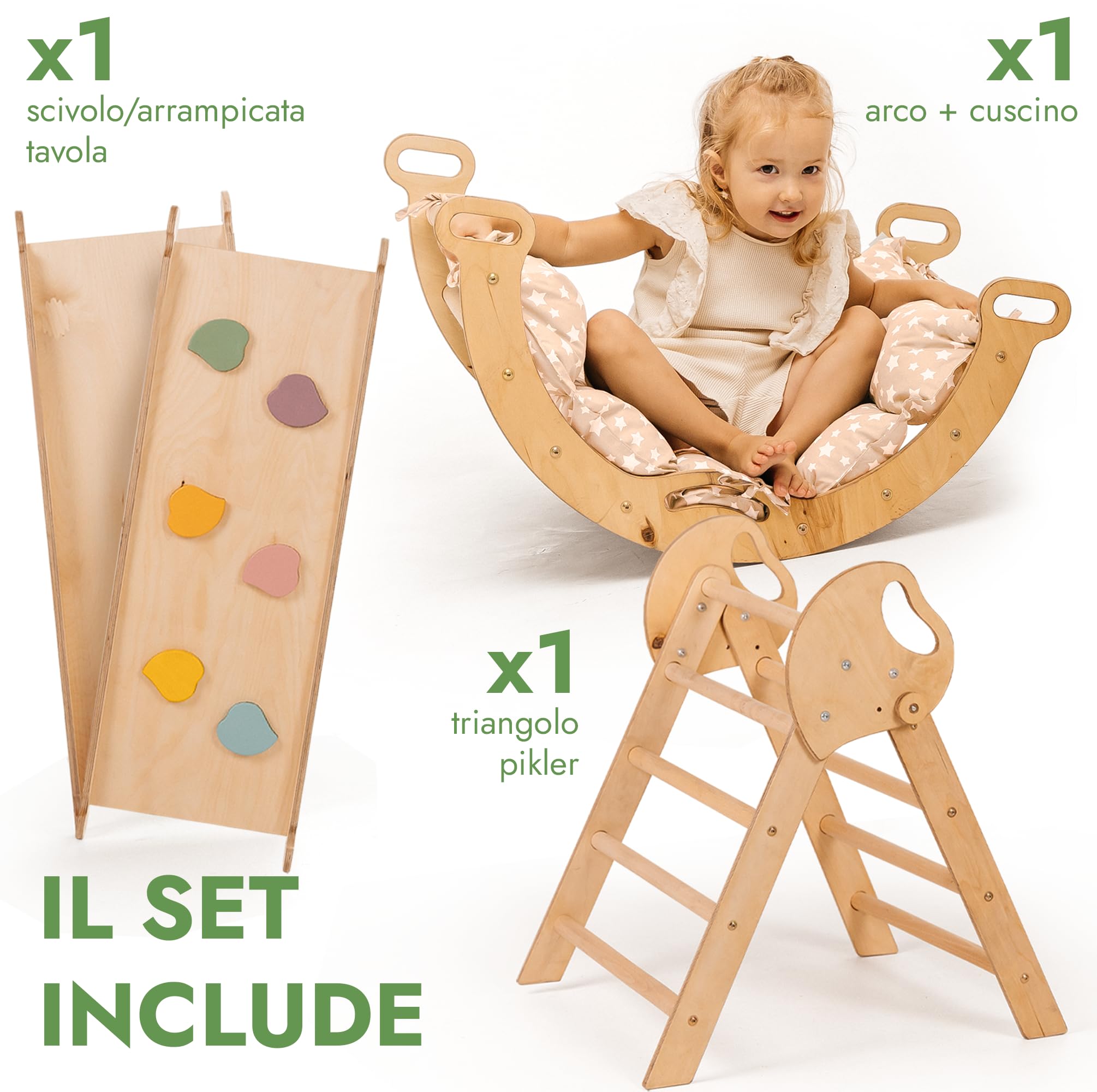 Goodevas 5-in-1 Telaio da Arrampicata per Bambini - Scala a Triangolo, Arco per Arrampicata, Balance Board e Cuscino, Telaio da Arrampicata Montessori, Palestra in Legno per Bambini da 1 a 3 Anni