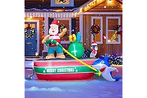 Christmas Inflatable Outdoor Decoration: 8' Santa on Boat with Shark
