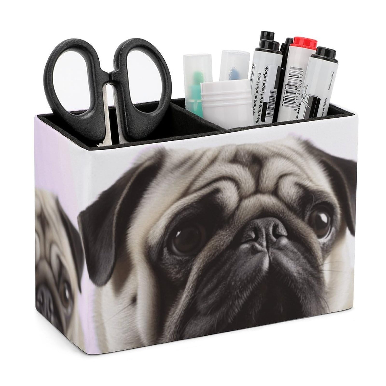 LZQPOEAS Exquisite Patterns PU Leather Pen Holder, Multifunctional Desktop Organizer Caddy with 2 Compartments, Pug Dog Pencil Cup Makeup Brush Holder for Office Home