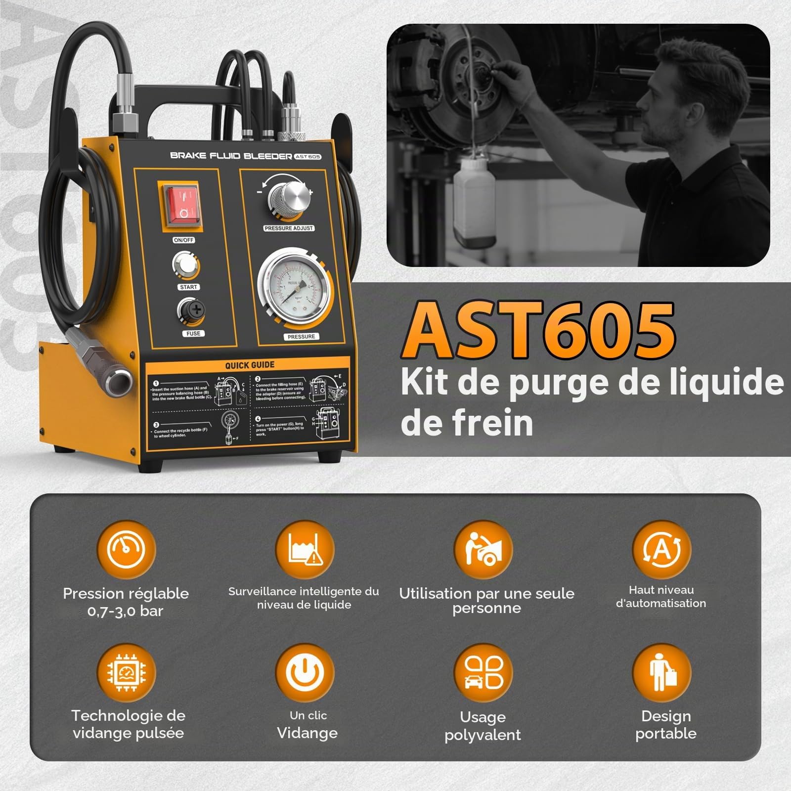 AST605 Purgeur de frein pour voiture, 220 V, automatique, avec 20 adaptateurs de 0,7 à 2,5 bar, pression réglable, dispositif de changement de liquide de frein