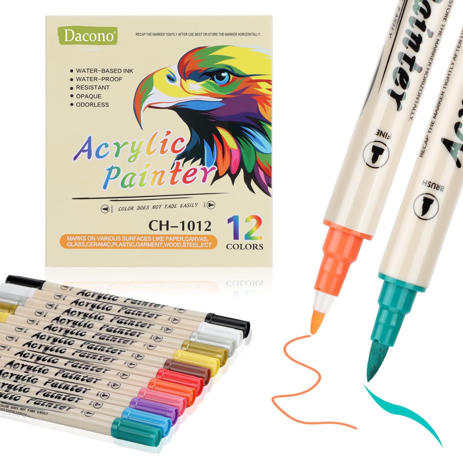 Dacono 12 Colors Acrylic Paint Markers Set, Waterproof Permanent Dual Tip Brush Pen, Drawlish Acrylic Paint Pens - Acrylic Dot Markers Pen For DIY Projects,Wood, Fabric, Porcelain, Ceramic, Stone