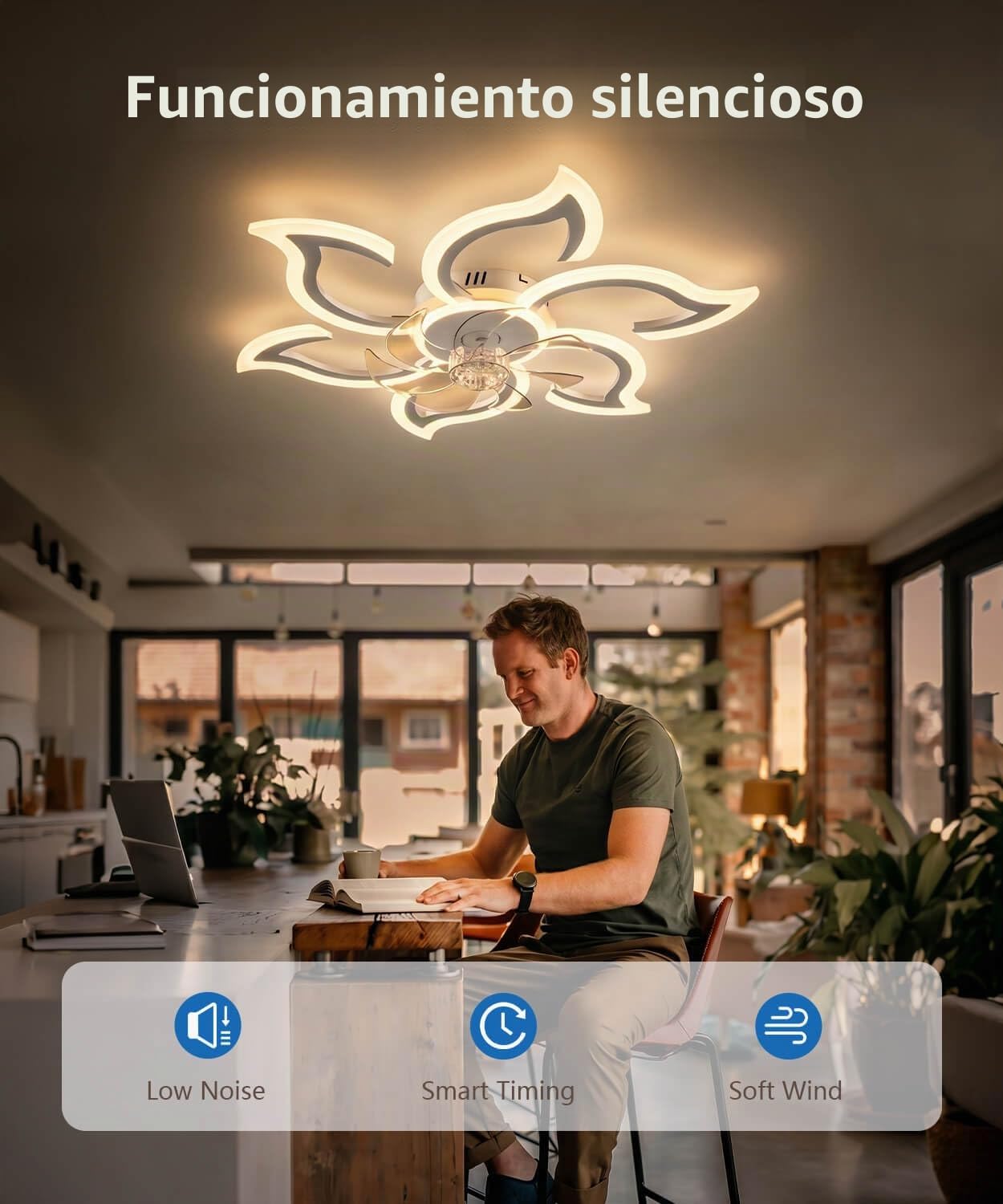 LJX Lampara Ventilador Silencioso Compatible con Alexa 88cm Flor Ventilador de Techo con Luz y Mando a Distancia 2.4GHZ Wifi Temporizador Regulable para Dormitorio Salón, Blanco