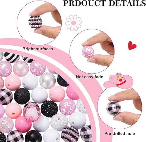 Miniatura 3 de Whaline 50 cuentas de goma de mascar mixtas de 0.78 pulgadas, 16 estilos, cuentas espaciadoras rosas y negras, juego de cuentas gruesas de punto a