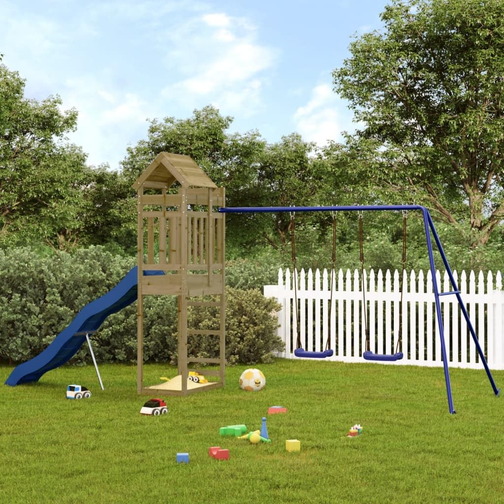 Torre giochi in legno di pino impregnato con scivolo ondulato, doppia altalena e sabbiera, piattaforma da 118 cm, parco giochi da giardino per bambini da 3 a 8 anni all'aperto