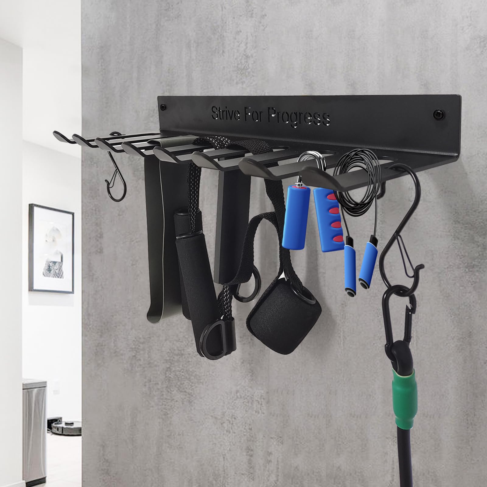 Gym Rack Organizer mit 8 Haken, 3 mm Dicke, Heim-Fitness-Ausrüstung, Mehrzweck-Workout-Ausrüstung, Wandregal, Aufhänger für Langhanteln, Springseile, Ketten, Hebegürtel, Widerstandsbänder
