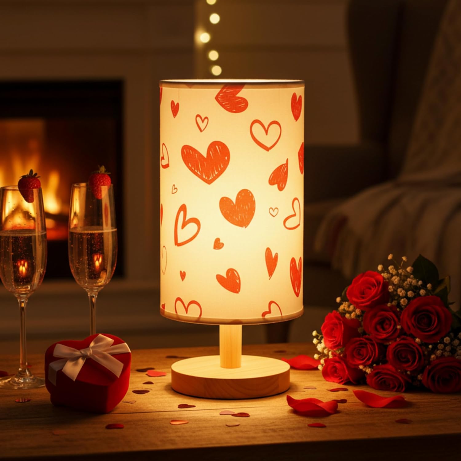 Valentines Lamp Valentines Decorations Indoor 11.61 Inches Small Red Heart Bedside Table Light LED Desk Light USB Nightstand Lamp with Non Slip Wood Base Lampshade for Gifts Home Desk