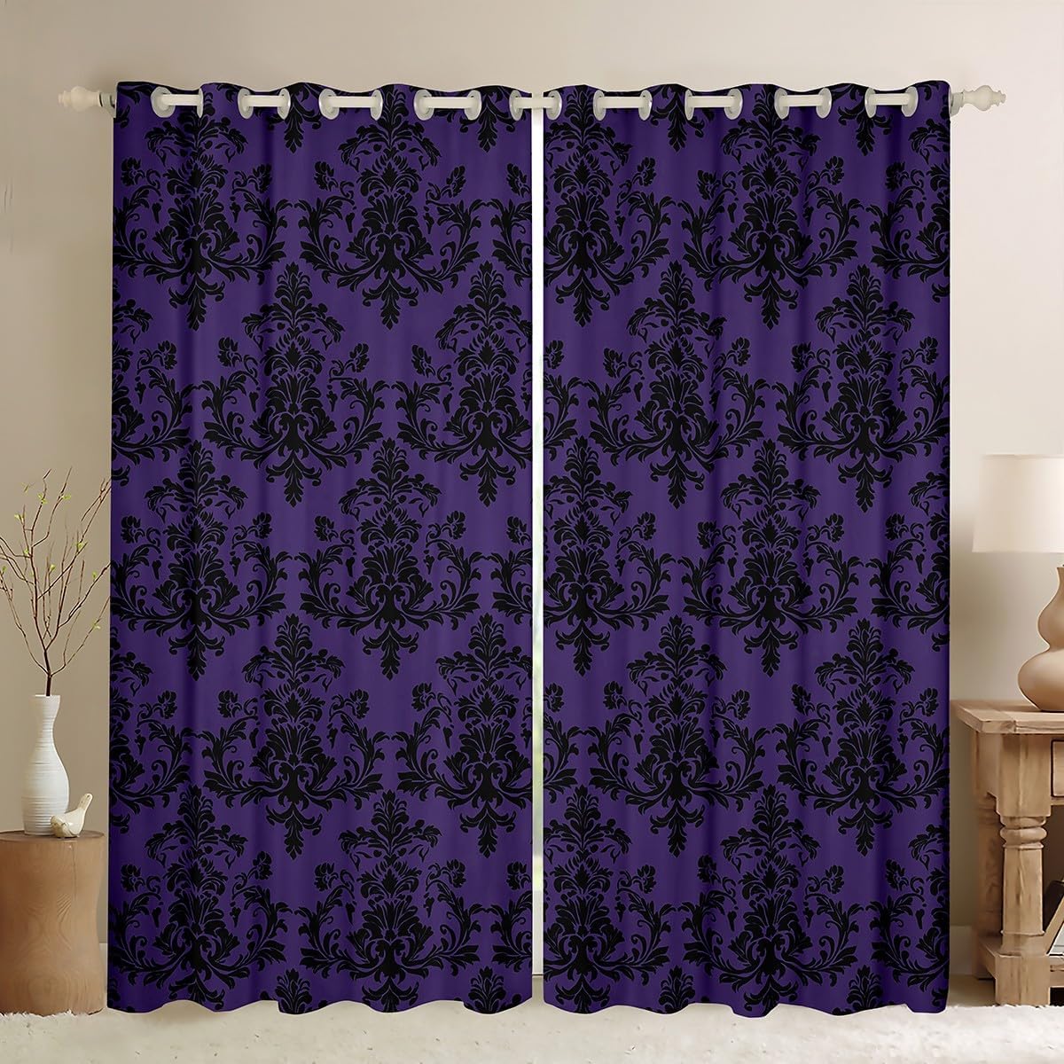Castle Fairy Purple Black Damask Curtain,Antique Victorian Baroque Boho Style Blackout Window Drapes,Vintage Gothic Lace Floral Print Window Treatment Curtains for Living Room, 38Wx45L inch