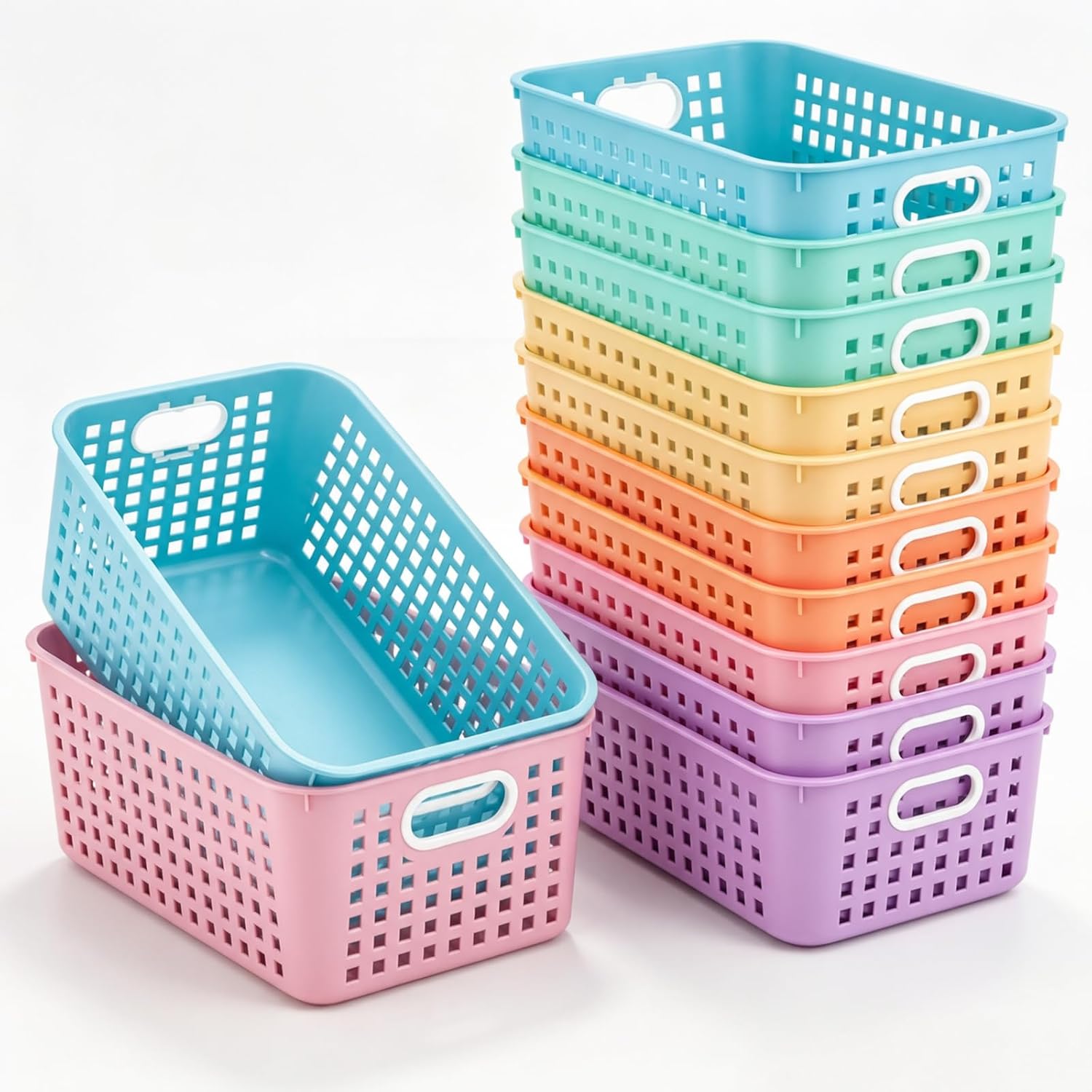Geetery 12 Pcs Plastic Classroom Storage Baskets 11" x 7" Medium Storage Bins with Handle Plastic Turn in Paper Trays Organizer for Classroom Office Home Desktop Bookshelf Closets(Pastel Color)