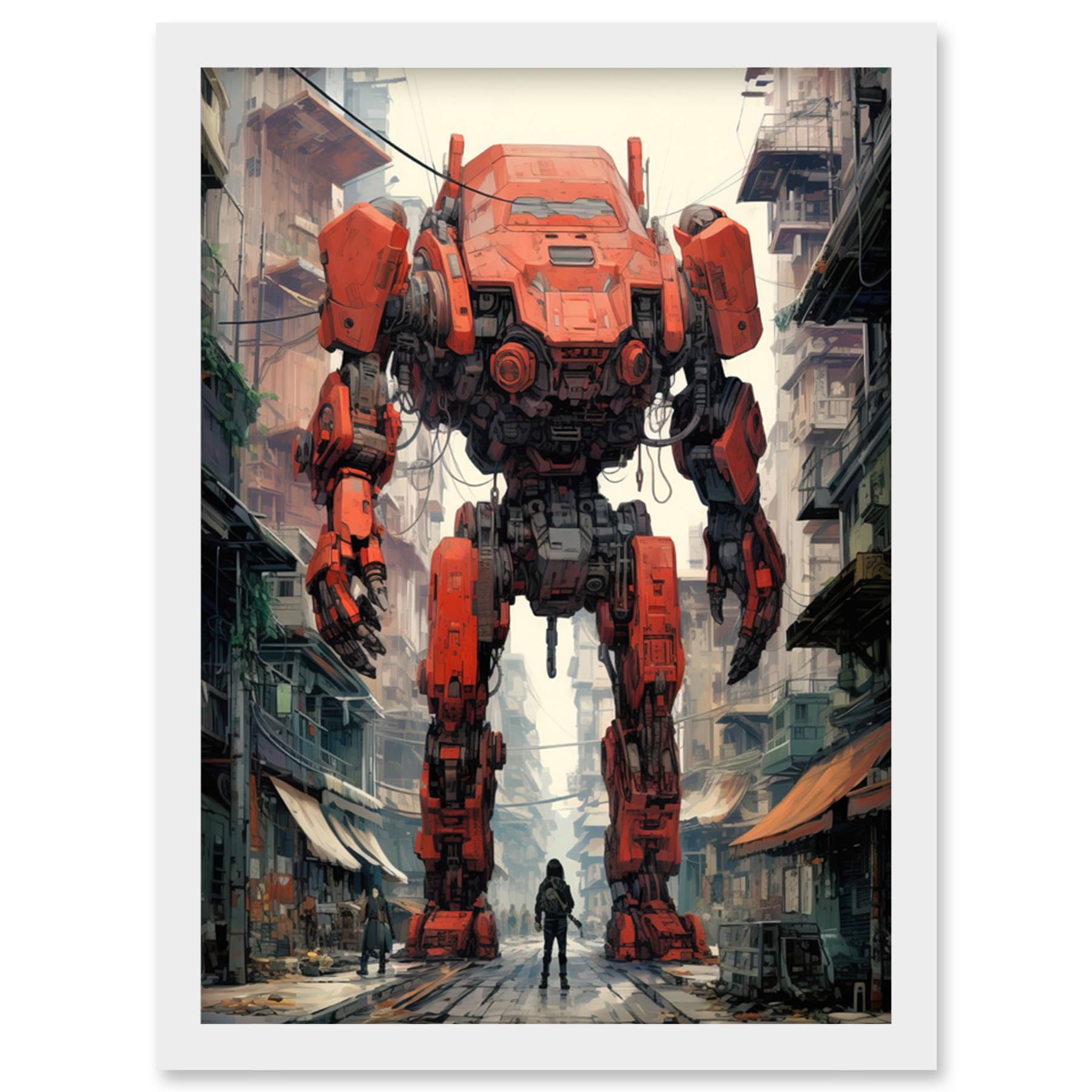 Red Mecha Robot in City Street Anime Sci-Fi Artwork - Giant Humanoid Machine Fantasy Science Fiction - Framed A4 Art Print