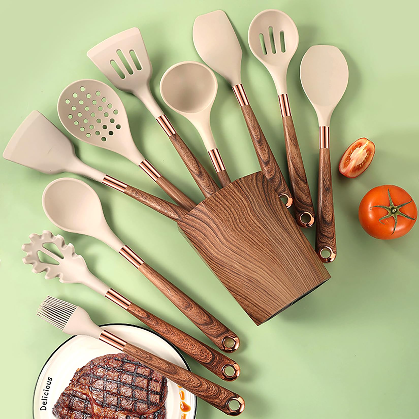 Silikon-Küchenutensilien-Set mit Halter, 24-teiliges Kochutensilien-Set, Holzmuster-Griff, Silikon-Utensilien zum Kochen mit Lebensmittelsicherheitswender, Nudelheber, Skimmer, Schöpflöffel, Zange,