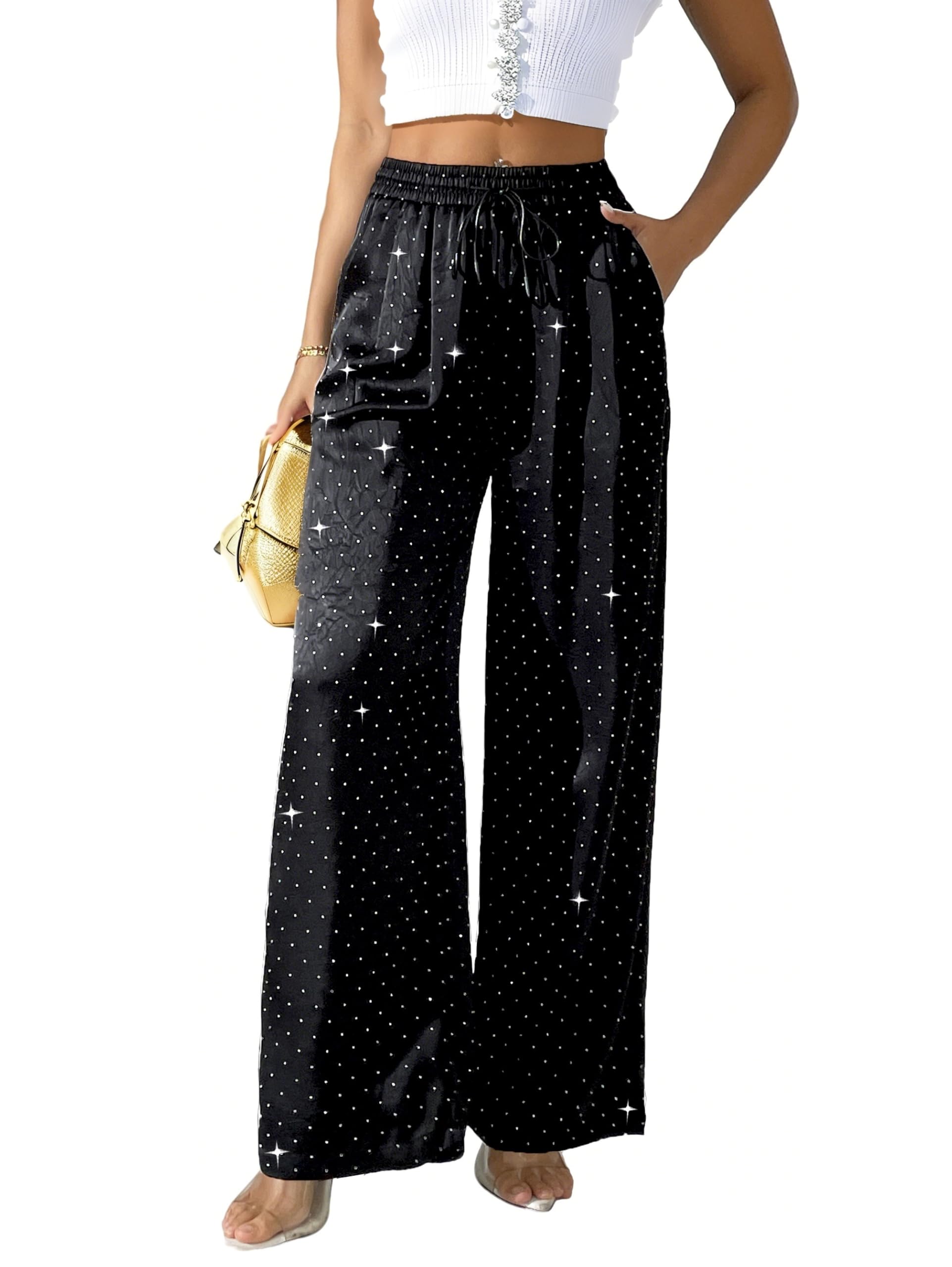 Pantalon soyeux en satin avec strass et paillettes - Taille haute - Jambe large - Brillant - Pour fête, travail, boîte de nuit