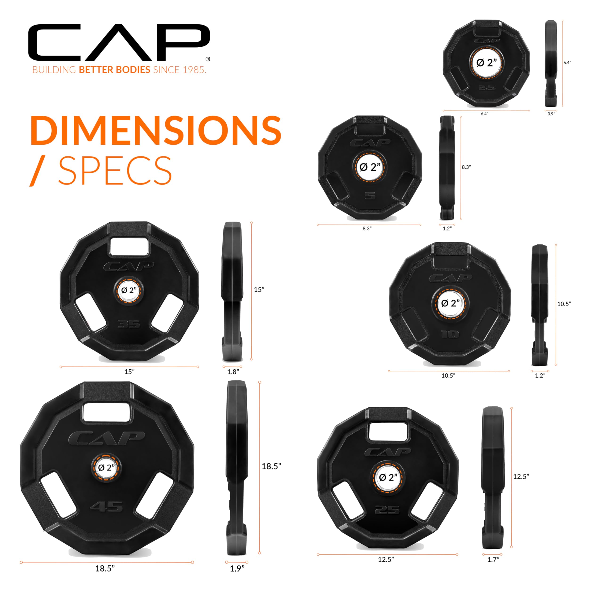 CAP Barbell Pro Olympic - Juego de pesas de hierro fundido con revestimiento de goma, 50 kg, 5 cm, 12 lados
