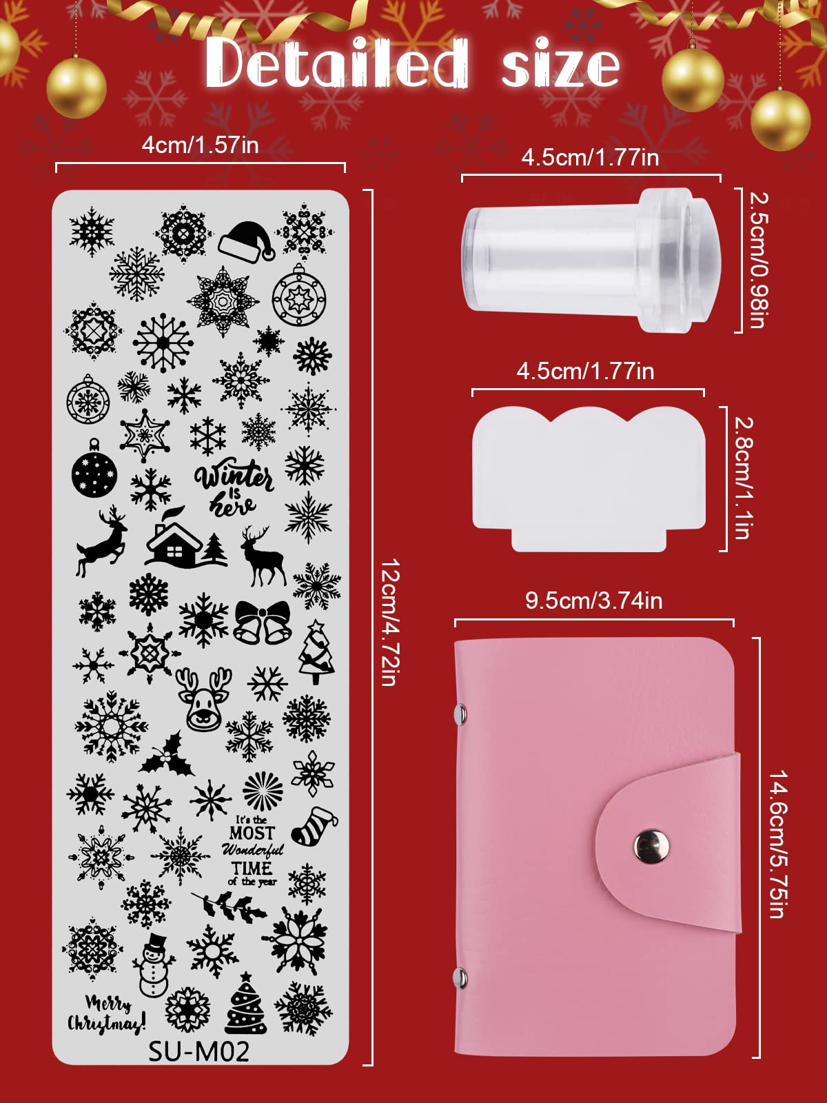 EBANKU 6 pezzi Set di Nail Art Stamping Stampini, Piatti per Timbri per Unghie Renna Fiocco di Neve Albero di Natale Disegni Manicure con 1 Timbro + 1 Raschietto + 1Borsa Portaoggetti