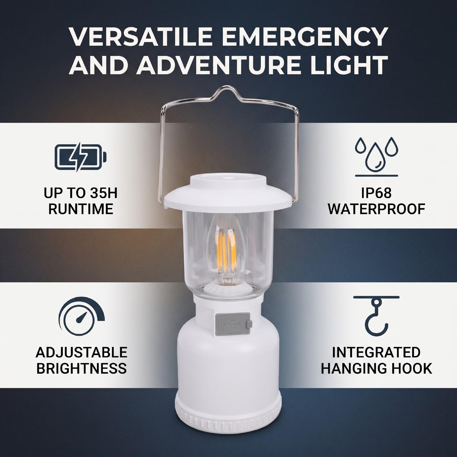 Lanterna da Campeggio Ricaricabile, Lampada di Emergenza | Impermeabile IP68, Batteria 1800 MAh per Uragani, Gancio per Tenda
