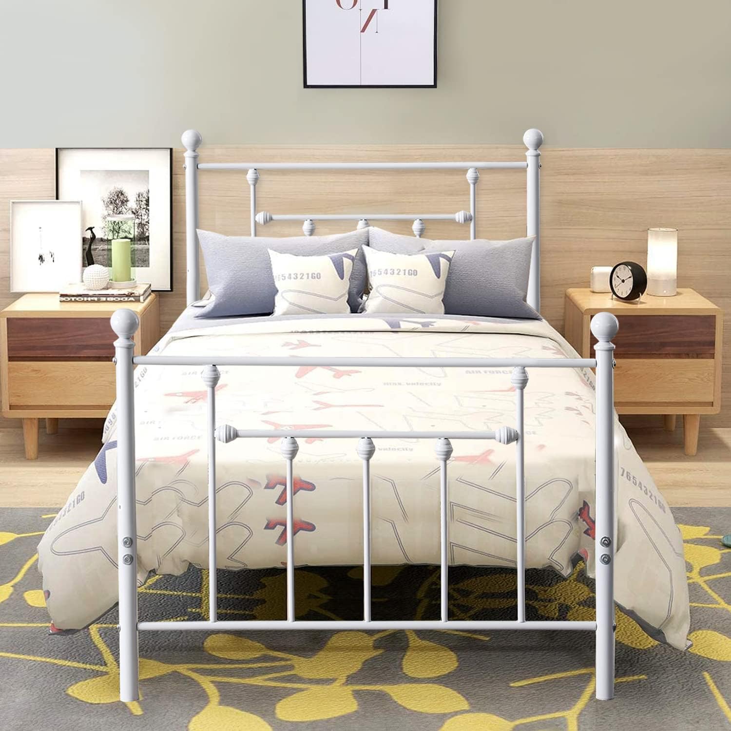 VECELO Twin Size Metal Platform Bed Frame with Headboard and Footboard, Heavy Duty Slat Support/No Box Spring Needed Mattress Foundation/Underbed Storage Space, Victorian Style